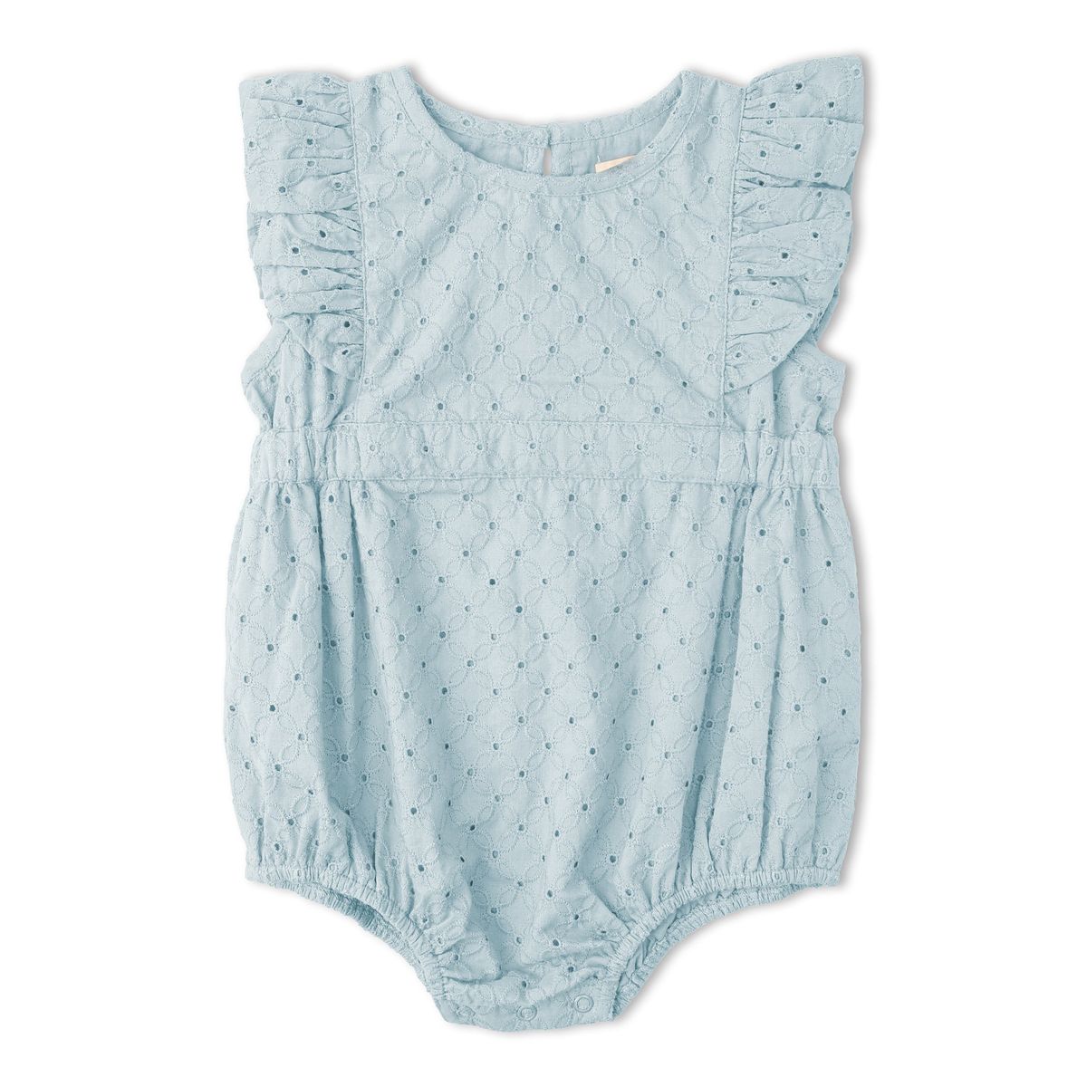 MakeMake Organics - Organic Eyelet Flutter Romper - Light Blue Eyelet