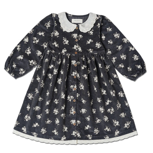 Makemake Organics - Organic Corduroy Collared Button Dress - Navy Bloom