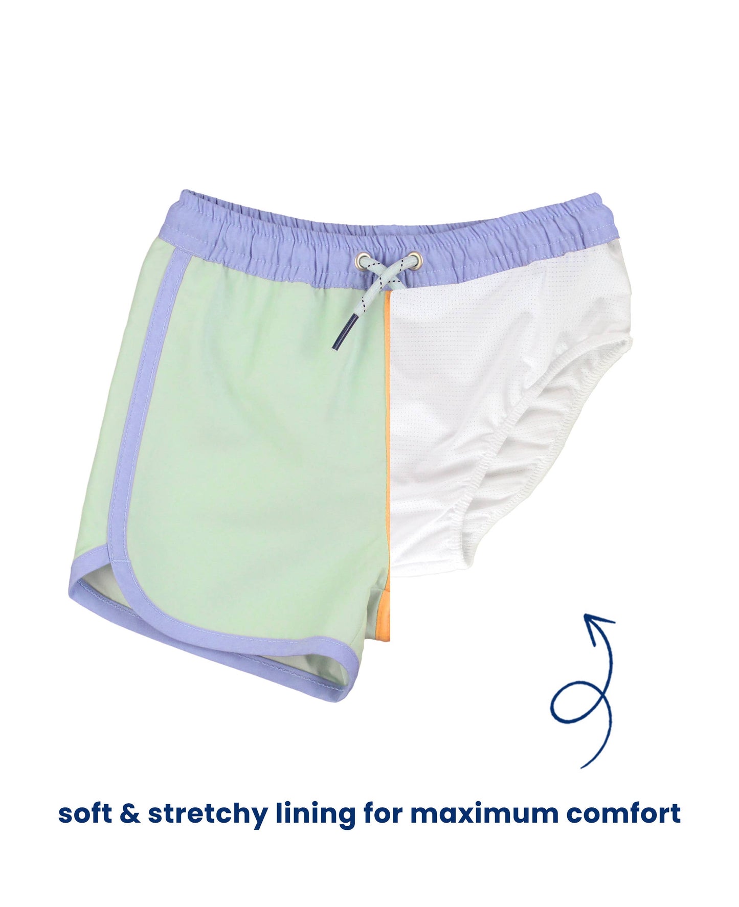 RuffleButts + RuggedButts - Boys Periwinkle, Frost Green, and Ginger Color Block Dolphin Hem Swim Trunks: Multi-Color