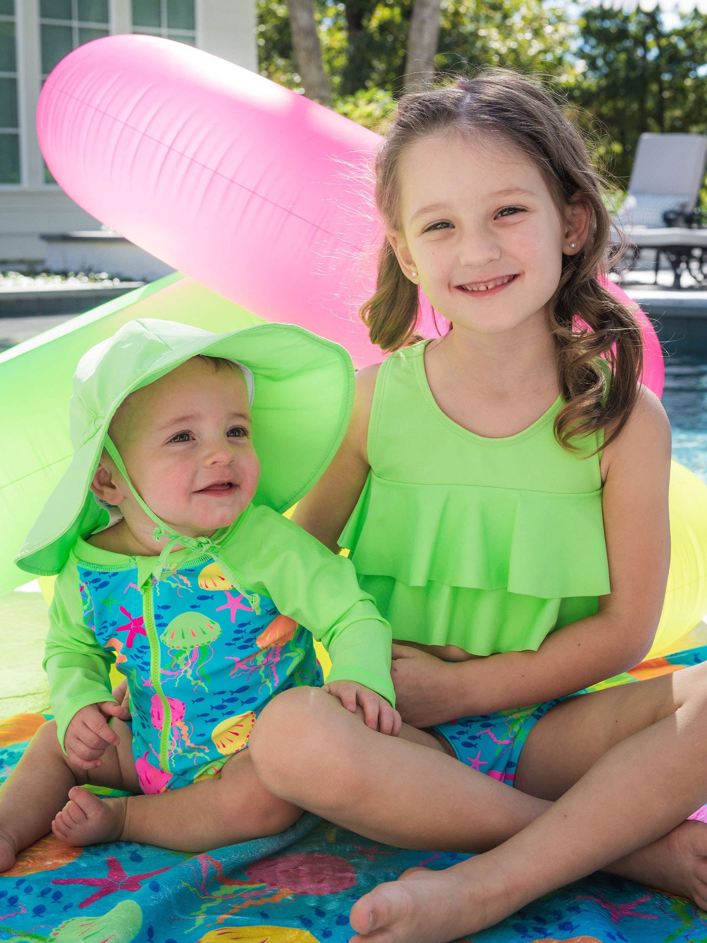RuffleButts + RuggedButts - Baby Boys Neon Jelly Time Long Sleeve One Piece Rash Guard Swimsuit: Blue