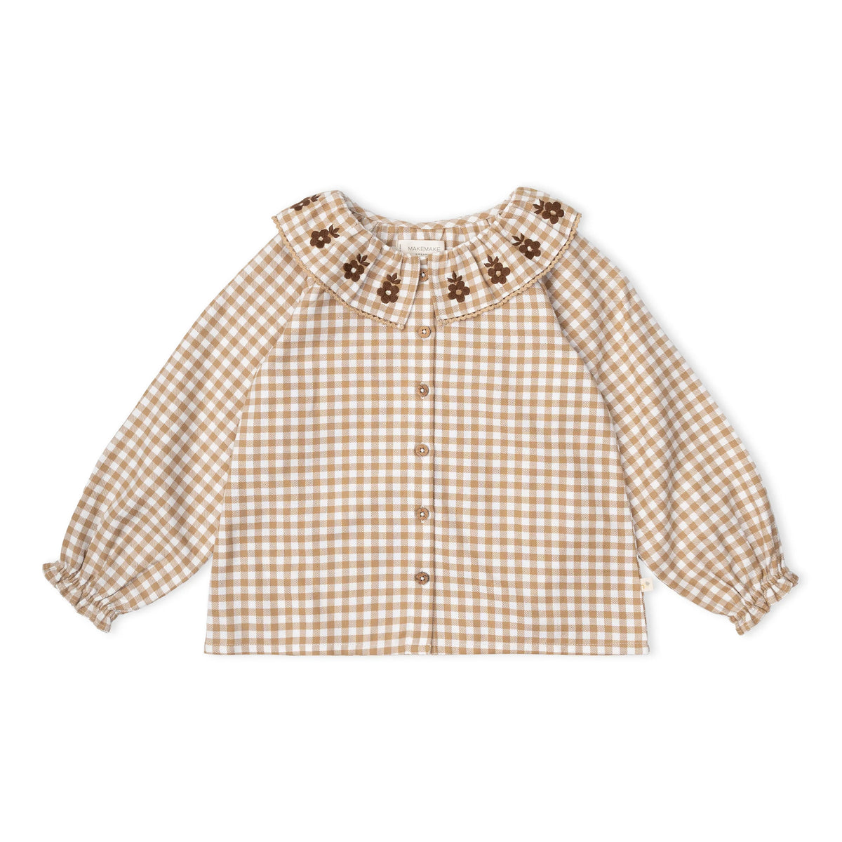 Makemake Organics - Organic Ruffle Button Top - Oat Gingham
