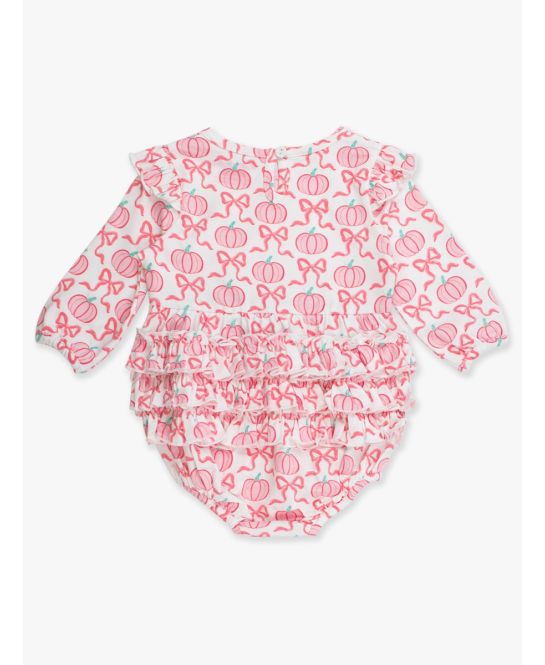 RuffleButts + RuggedButts - Knit Long Sleeve Flutter Bubble Romper - Pink Fairytale Pumpkins