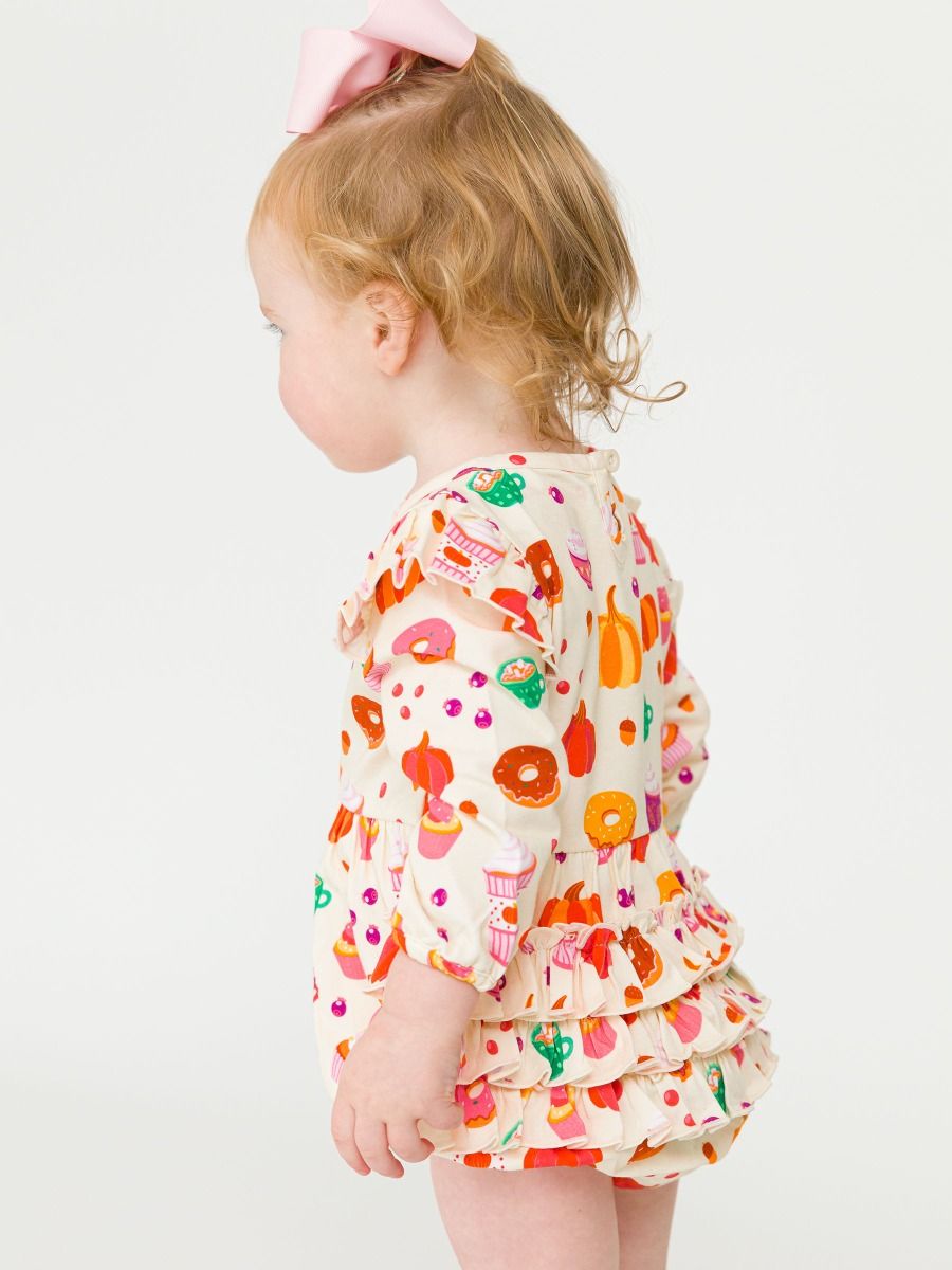 RuffleButts + RuggedButts - Knit Long Sleeve Flutter Bubble Romper - Fall Treats