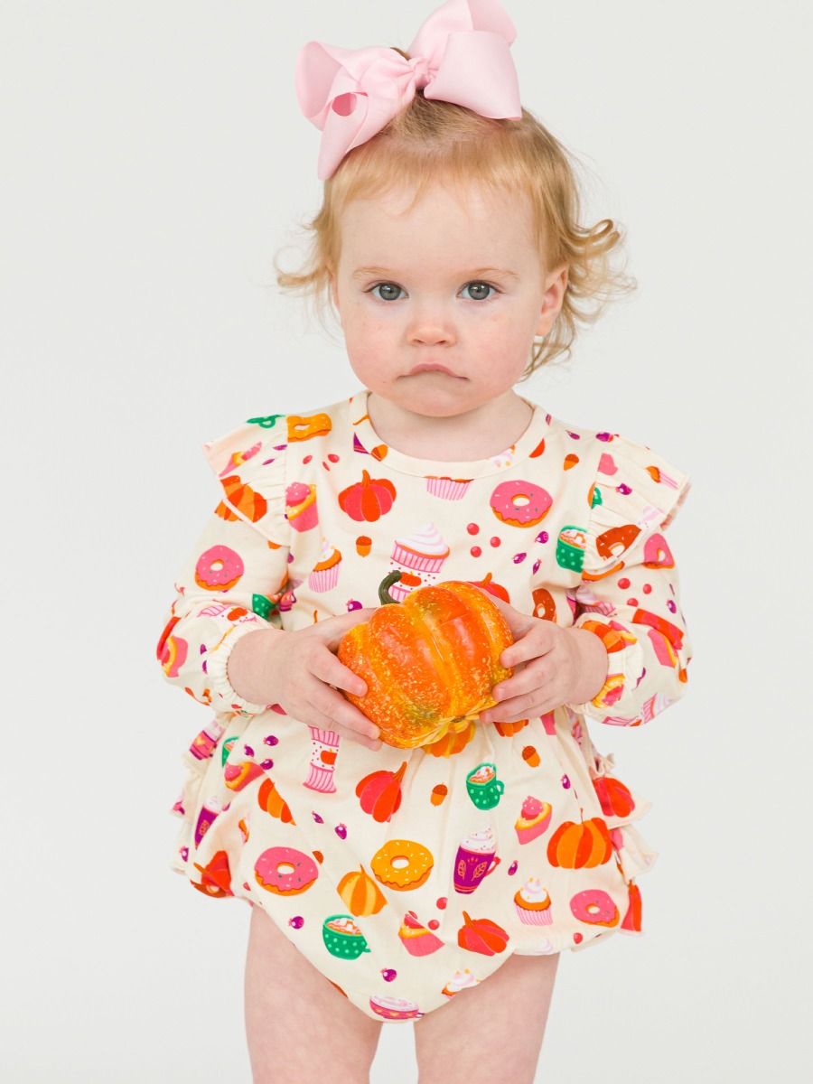 RuffleButts + RuggedButts - Knit Long Sleeve Flutter Bubble Romper - Fall Treats