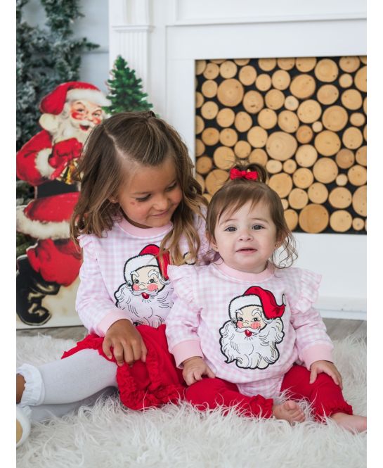 RuffleButts + RuggedButts - Applique Sweatshirt Bubble Romper - Dear Santa Pink Gingham