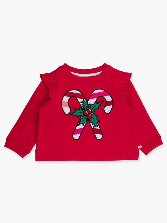 Rufflebutts + Ruggedbutts - Applique Flutter Sweatshirt - Red Holly Candy Canes