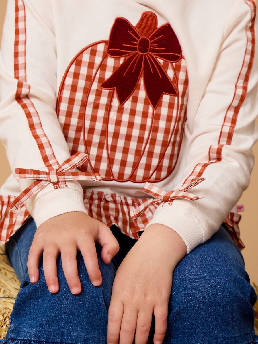 RuffleButts + RuggedButts - Girls Pumpkin Bow Ivory Applique Ruffle Bow Sweatshirt