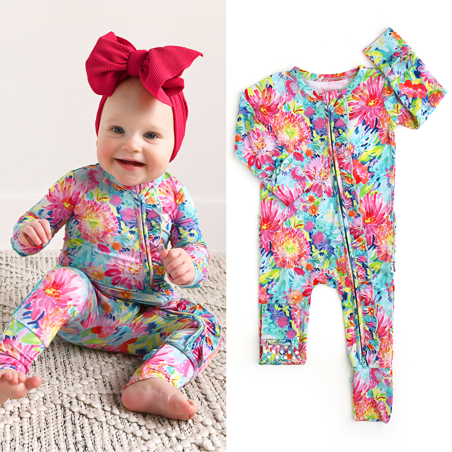 Gigi and Max - Bianca RUFFLE ZIP Bamboo Floral Sleepies Little