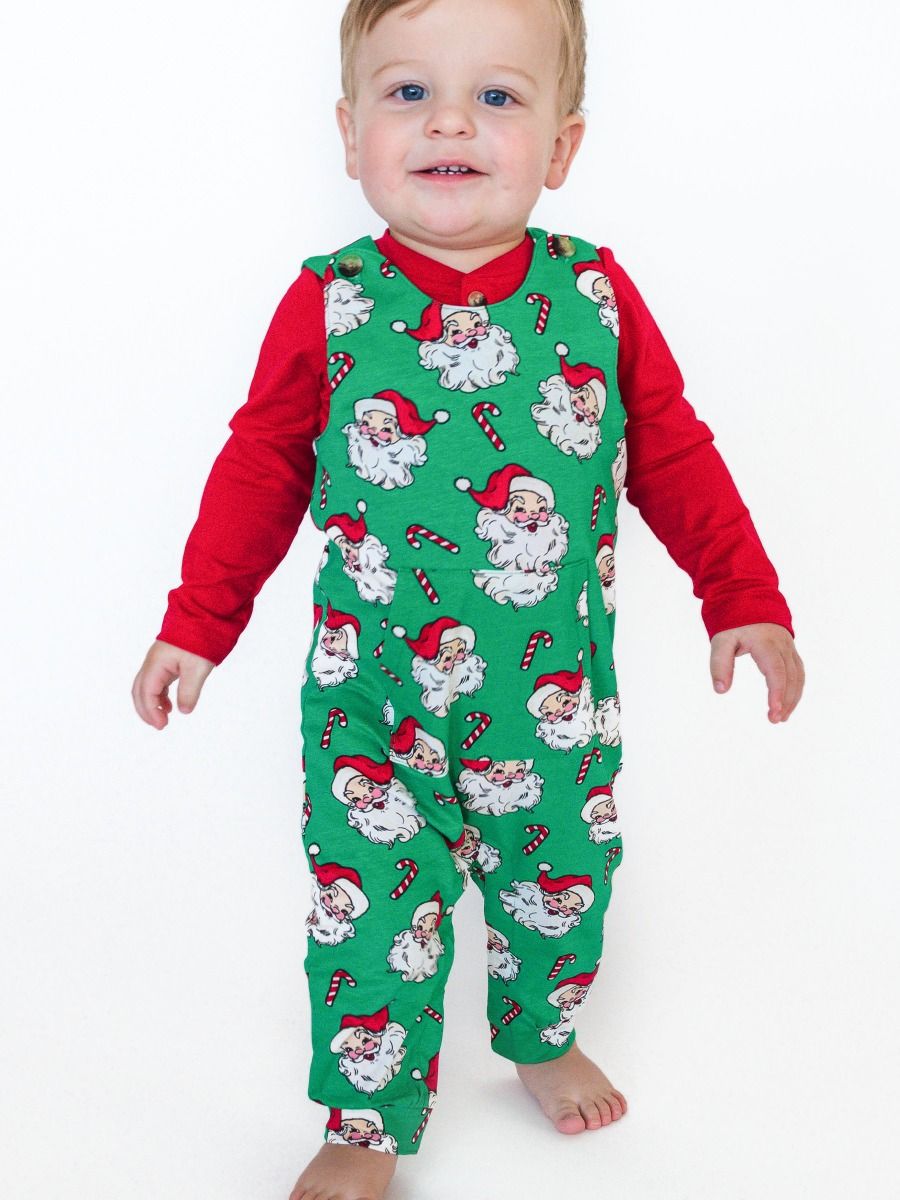 RuffleButts + RuggedButts - Knit Longall Pocket Romper - Green Santa Joy