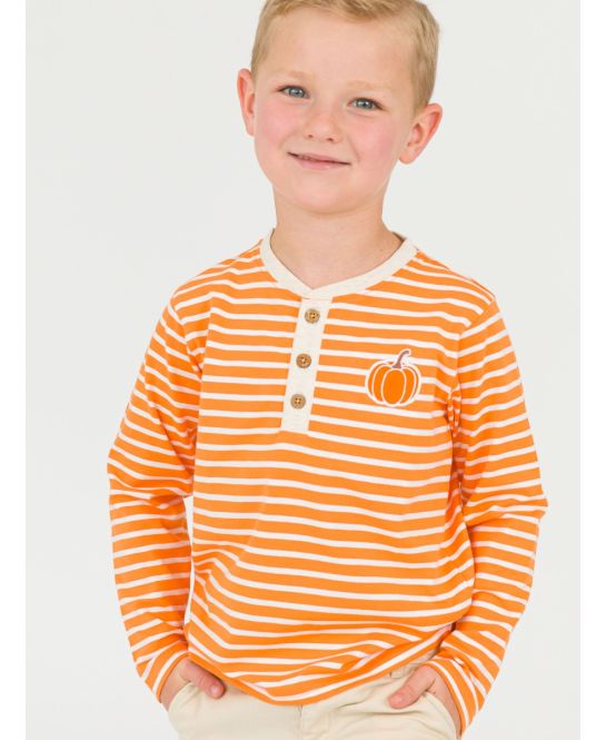 RuffleButts + RuggedButts - Pumpkin Orange Stripe Knit Long Sleeve Embroidered Henley Tee