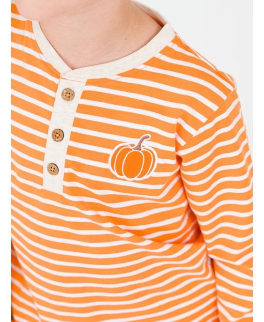 RuffleButts + RuggedButts - Pumpkin Orange Stripe Knit Long Sleeve Embroidered Henley Tee