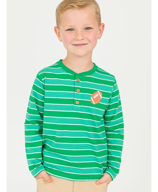 RuffleButts + RuggedButts - Knit Long Sleeve Embroidered Henley Tee - Football Green Stripe