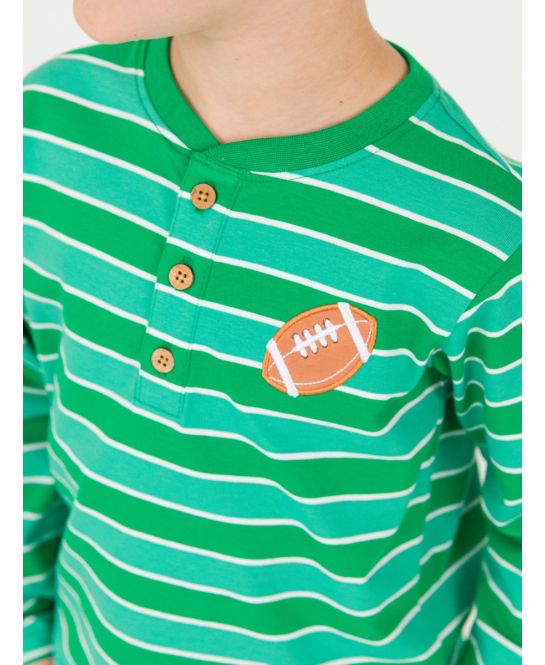 RuffleButts + RuggedButts - Knit Long Sleeve Embroidered Henley Tee - Football Green Stripe