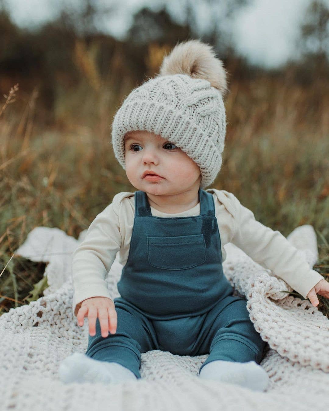 Huggalugs - Oatmeal Pop Pom Pom Beanie Hat Baby