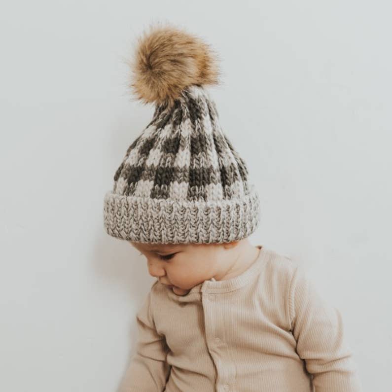 Huggalugs - Grey Buffalo Check Pom Pom Beanie Hat
