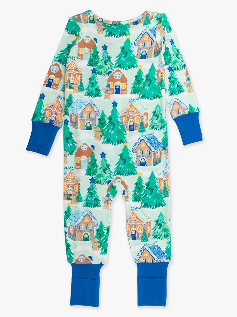 RuffleButts + RuggedButts - Convertible One Piece Pajama - Blue Jolly Gingerbread