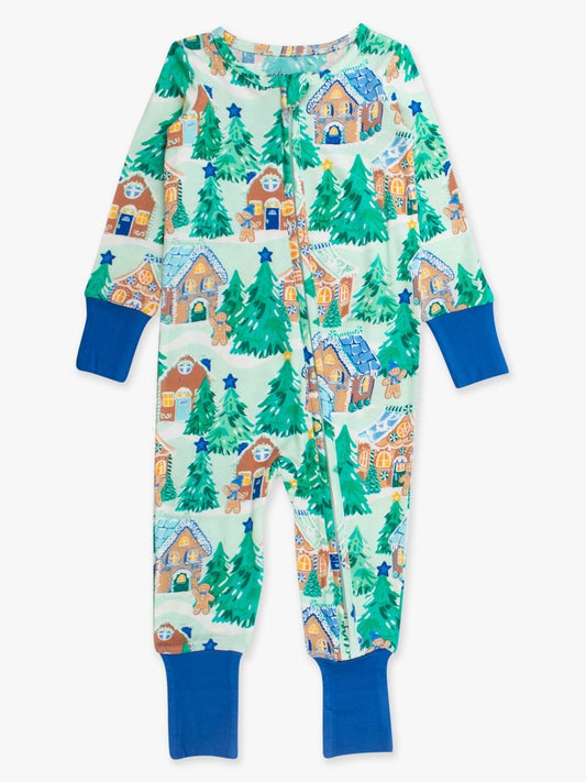 RuffleButts + RuggedButts - Convertible One Piece Pajama - Blue Jolly Gingerbread