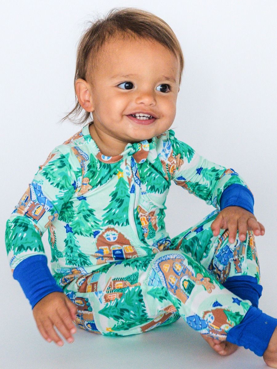 RuffleButts + RuggedButts - Convertible One Piece Pajama - Blue Jolly Gingerbread
