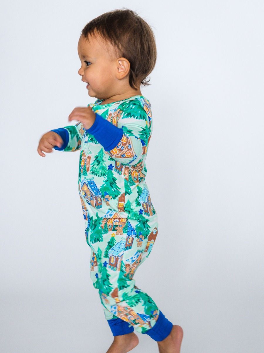 RuffleButts + RuggedButts - Convertible One Piece Pajama - Blue Jolly Gingerbread