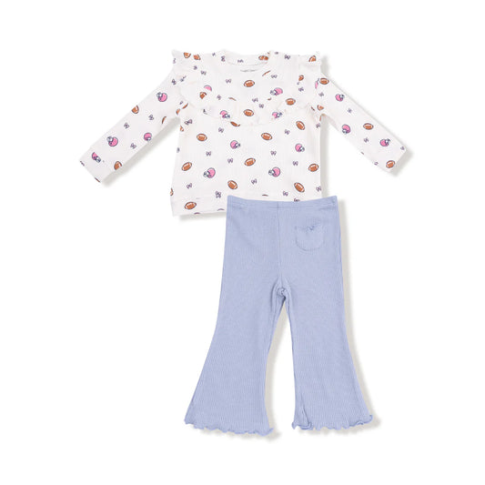 Angel Dear - Footballs and Bows - V-Ruffle Waffle Top & Waffle Flare Pant