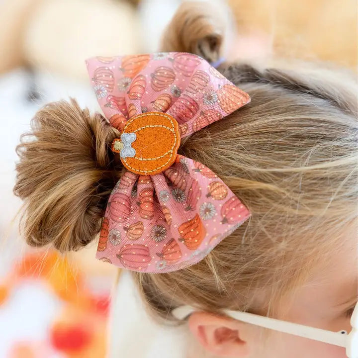 Sweet Wink - Pumpkin Daisy Blush Tulle Bow Clip - Fall