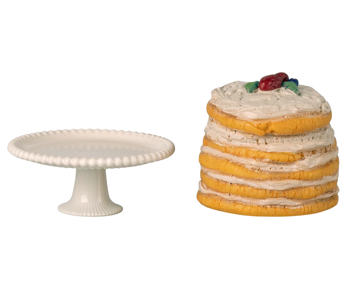 Maileg - Party cake and cake stand, Mouse - Off white