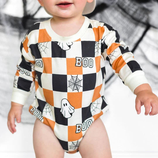 Sweet Wink - Boo Checkered Halloween Long Sleeve Romper - Natural