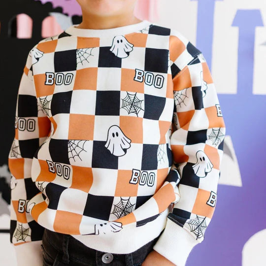 Sweet Wink - Boo Checkered Halloween Sweatshirt - Natural