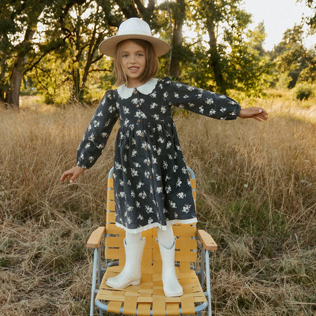 Makemake Organics - Organic Corduroy Collared Button Dress - Navy Bloom