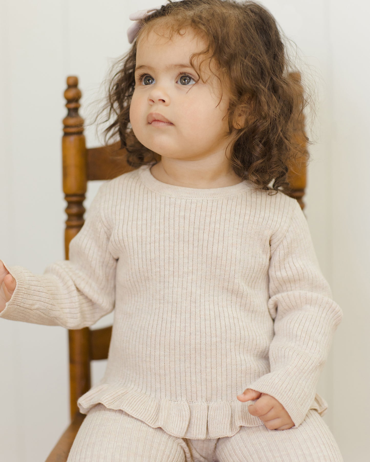 Quincy Mae - Rib Knit Peplum Top - Heathered Oatmeal