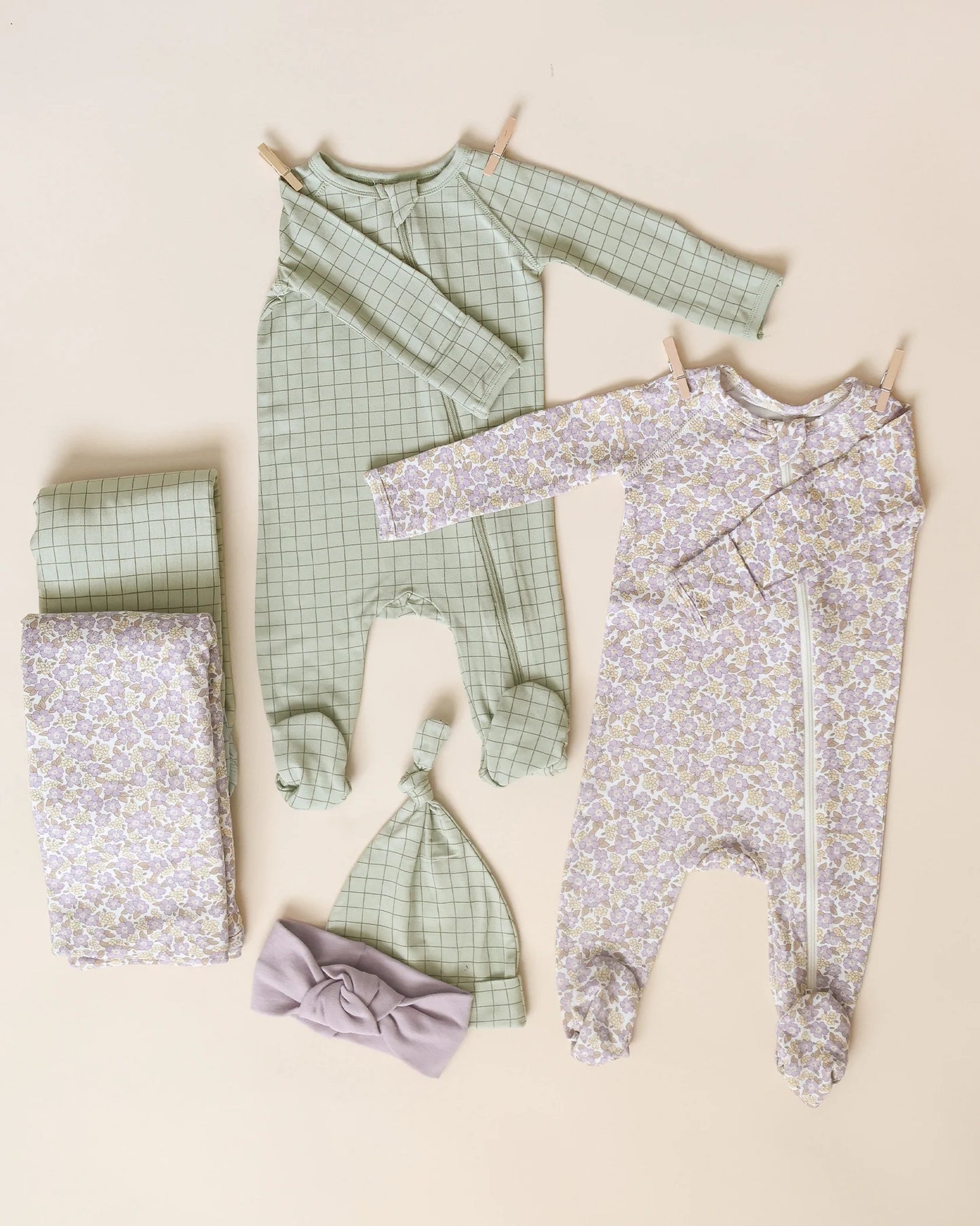 Quincy Mae - Bamboo Zip Footie || Sage Grid