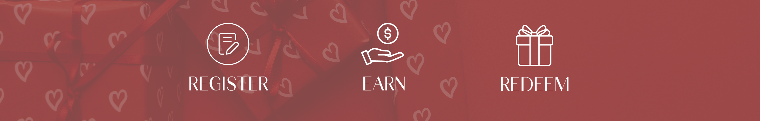 Red gift box rewards banner - register, earn, redeem