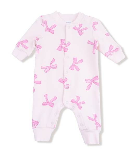 Angel Dear - French Terry - Pretty Bows - Baseball Collar Romper With Front Placket