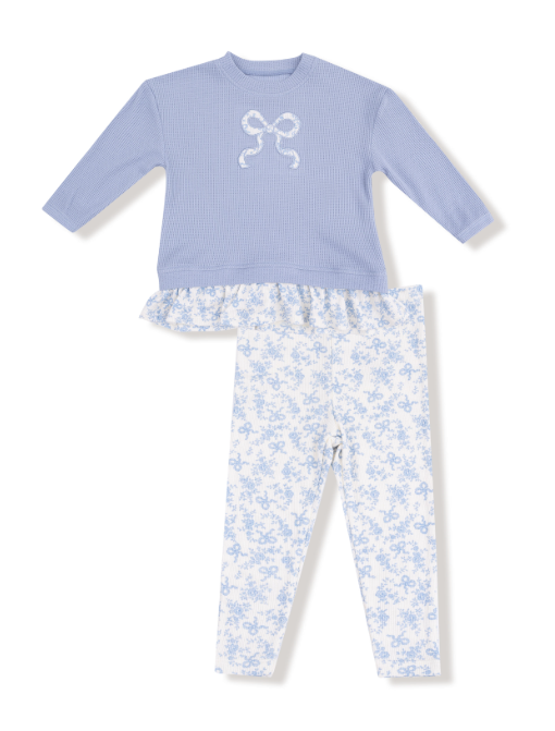 Angel Dear - Romi Floral - Waffle Pull Over w/ Ruffle & Rib Bow Applique w/ Rib Leggings