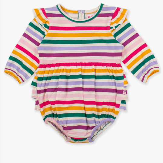 RuffleButts + RuggedButts - Knit Long Sleeve Flutter Bubble Romper - Colorful Rainbow Stripes