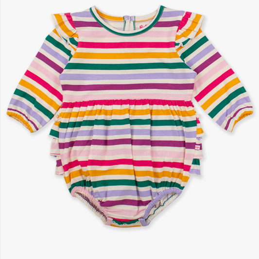 RuffleButts + RuggedButts - Knit Long Sleeve Flutter Bubble Romper - Colorful Rainbow Stripes