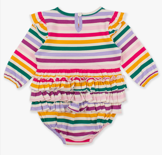 RuffleButts + RuggedButts - Knit Long Sleeve Flutter Bubble Romper - Colorful Rainbow Stripes