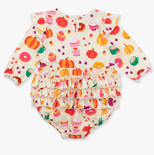 RuffleButts + RuggedButts - Knit Long Sleeve Flutter Bubble Romper - Fall Treats