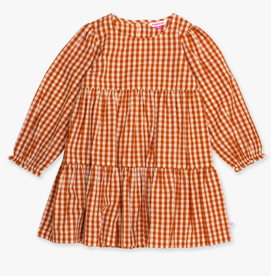 RuffleButts + RuggedButts - Woven Long Sleeve Tiered Twirl Dress - Classic Rust Gingham