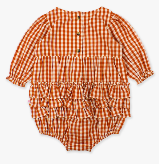 RuffleButts + RuggedButts - Woven Long Sleeve Bubble Romper - Classic Rust Gingham