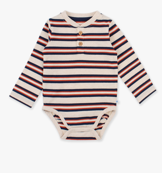 RuffleButts + RuggedButts - Heather Oatmeal & Rust Stripe Knit Long Sleeve 2-Button Henley Bodysuit