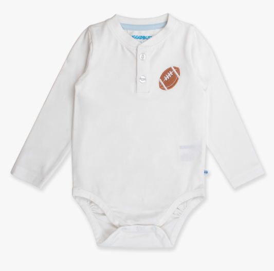 RuffleButts + RuggedButts - Football White Knit Long Sleeve Embroidered Henley Bodysuit