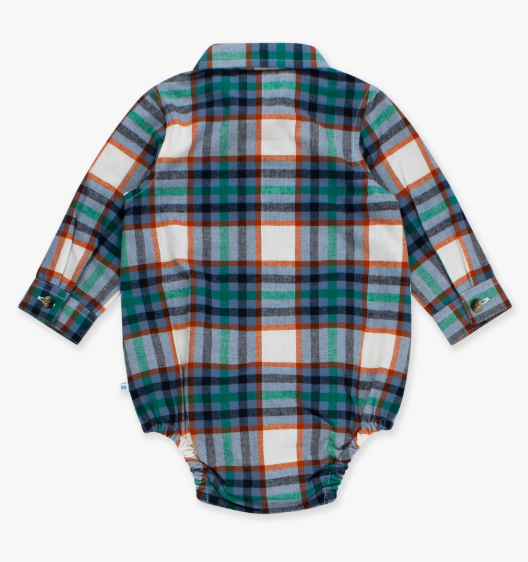 RuffleButts + RuggedButts - Long Sleeve Button Down Bodysuit - Peyton Plaid