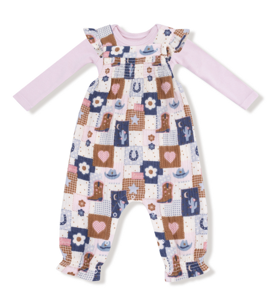 Angel Dear - Patchwork Cowgirl - Smocked Overall & Ribbed Bodysuit Set