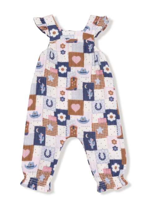 Angel Dear - Patchwork Cowgirl - Smocked Overall & Ribbed Bodysuit Set