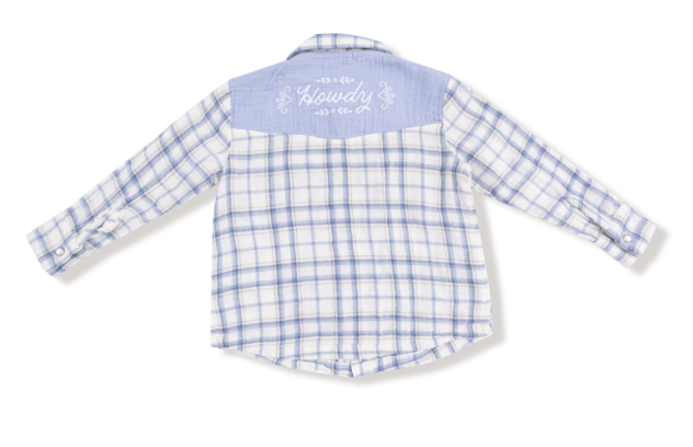 Angel Dear - Blue Plaid - L/S Western Pearl Snap Shirt w/ Howdy Embroidery on Back