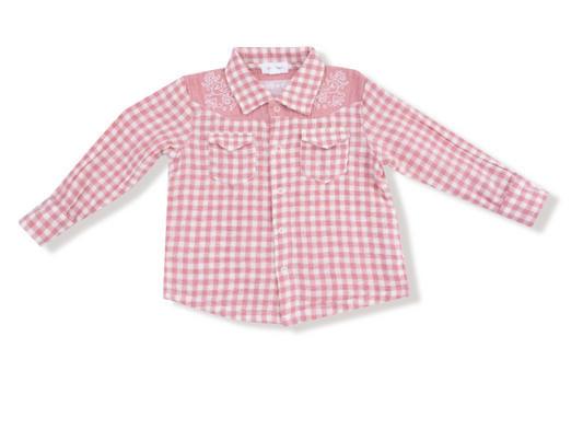 Angel Dear - Rose Pink Plaid - L/S Western Pearl Snap Shirt w/ Howdy Embroidery on Back