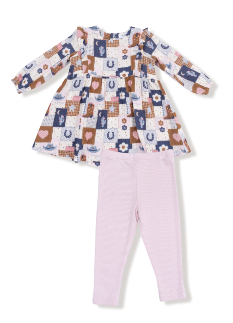 Angel Dear - Patchwork Cowgirl - Ruffle L/S Dress & Rib Legging