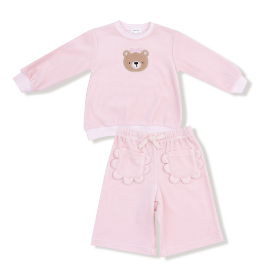 Angel Dear - Velour Teddy Bear - L/S Oversized Shirt w/ Petal Pocket + Wide Leg Pant