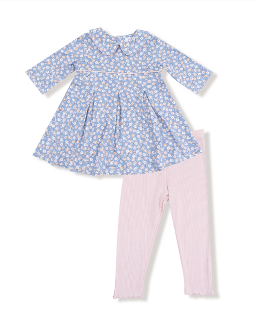 Angel Dear - Country Calico - Box Pleat Dress W/ 3/4 Sleeve + Peterpan Collar & Rib Leggings